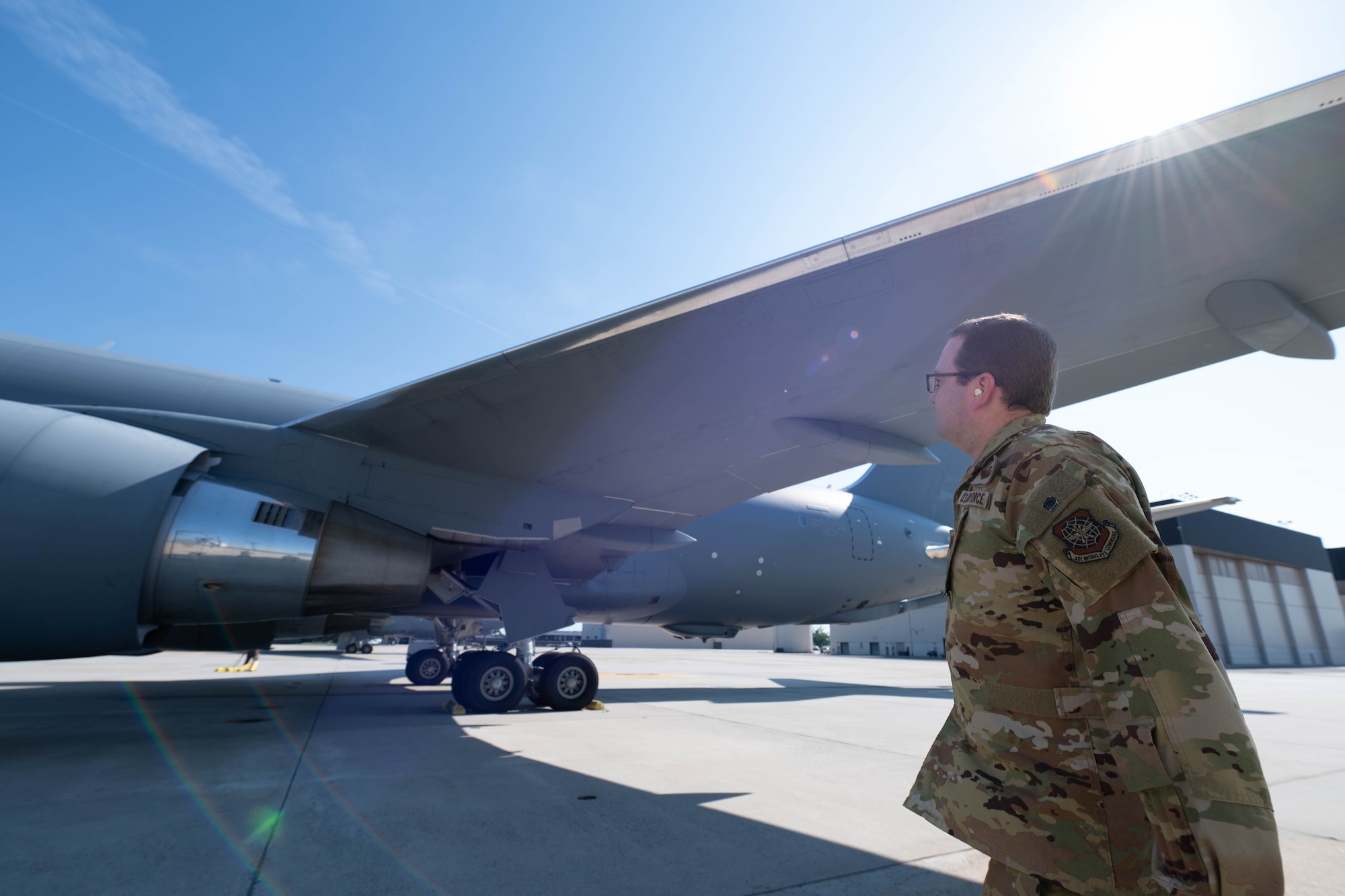 U.S. Air Force Capt. Braden Hicks, 32nd Air Refueling Squadron pilot, conducts a pre-flight walk around of the KC-46A Pegasus, Aircraft at Joint Base McGuire-Dix-Lakehurst, N.J., June 29, 2026.