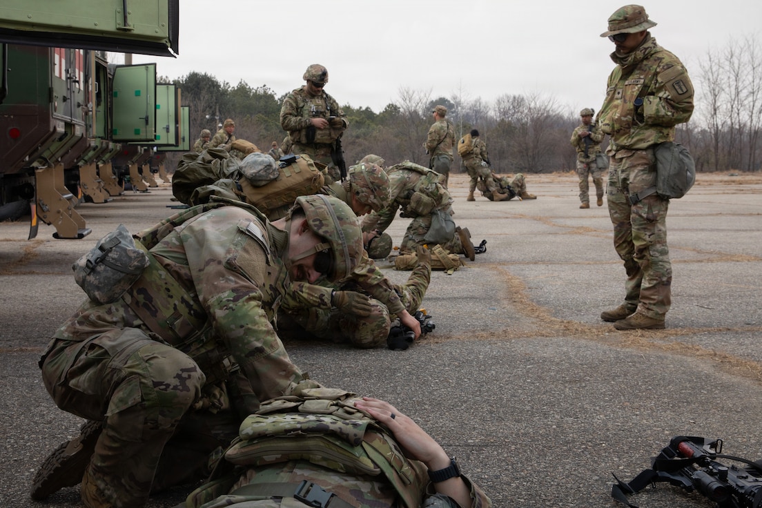 Soldiers from the 560th Medical Company (Ground Ambulance) perform a combat casualty care exercise at Camp Stanley, South Korea, on March 9, 2026. The Dragon Lift exercise evaluates combined medical capacity and interoperability to ensure effective casualty care across the Korean theater. (U.S. Army photo by Spc. Jakaiyah Rumedon.)