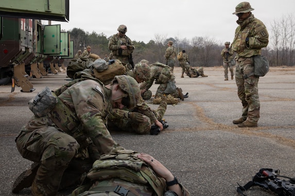 Soldiers from the 560th Medical Company (Ground Ambulance) perform a combat casualty care exercise at Camp Stanley, South Korea, on March 9, 2026. The Dragon Lift exercise evaluates combined medical capacity and interoperability to ensure effective casualty care across the Korean theater. (U.S. Army photo by Spc. Jakaiyah Rumedon.)