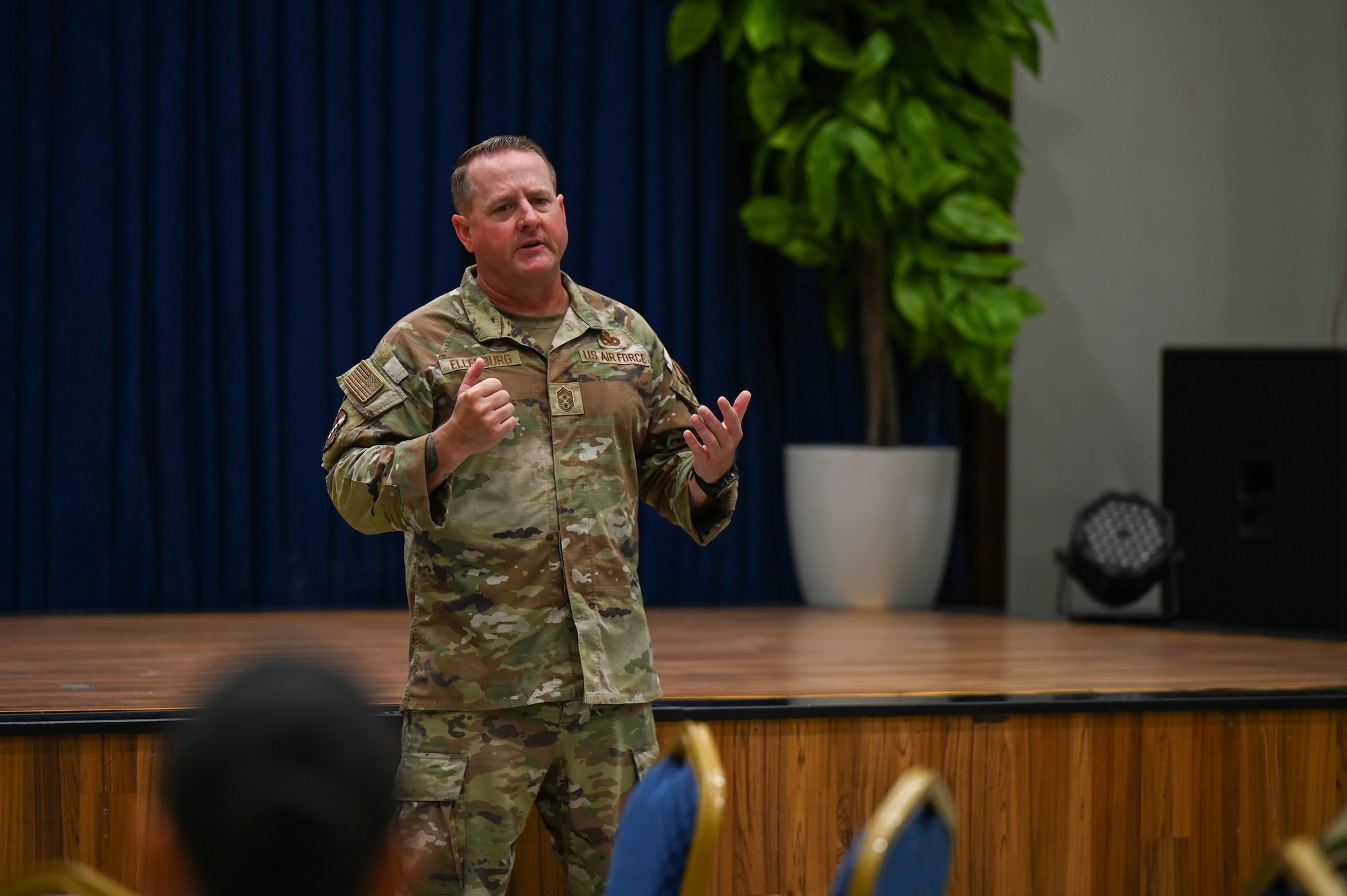 U.S. Air Force Chief Master Sgt. Sean Ellenburg, 39th Air Base Wing command chief, delivers opening remarks.