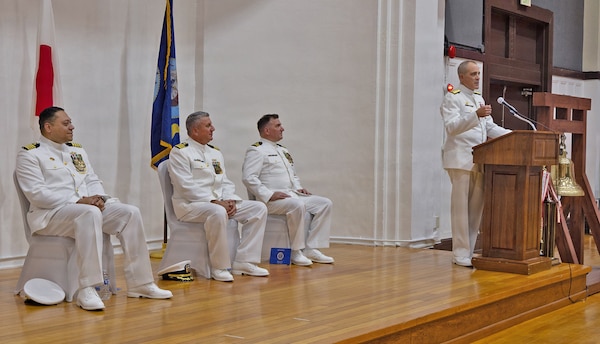 YOKOSUKA, Japan (July 23, 2026) — Rear Adm. Kevin J. Brown, commander, Naval Medical Forces Pacific; director, Defense Health Network Pacific Rim; and chief of the Navy Medical Corps, delivers remarks during the U.S. Navy Medicine Readiness and Training Command Yokosuka change of command ceremony at Commander, Fleet Activities Yokosuka's C2 Auditorium. Brown presided over the transfer of command from Capt. Torrin W. Velazquez to Capt. Joshua A. Miller. USNMRTC Yokosuka delivers patient- and family-centered healthcare while developing and delivering trained, ready medical forces in support of U.S. Indo-Pacific Command. (U.S. Navy photo by Daniel Taylor/USNH Yokosuka Public Affairs)