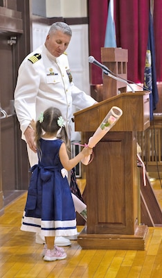 YOKOSUKA, Japan (July 23, 2026) — Capt. Joshua A. Miller, commanding officer of U.S. Navy Medicine Readiness and Training Command (USNMRTC) Yokosuka and director of U.S. Naval Hospital (USNH) Yokosuka delivers remarks after assuming command of USNMRTC Yokosuka during a ceremony at Commander, Fleet Activities Yokosuka's C2 Auditorium. Miller relieved Capt. Torrin W. Velazquez as commanding officer of USNMRTC Yokosuka and director of U.S. Naval Hospital (USNH) Yokosuka. USNMRTC Yokosuka delivers patient- and family-centered healthcare while developing and delivering trained, ready medical forces in support of U.S. Indo-Pacific Command. (U.S. Navy photo by Daniel Taylor/USNH Yokosuka Public Affairs)