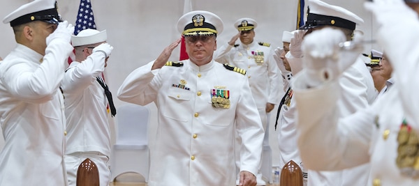 YOKOSUKA, Japan (July 23, 2026) — Capt. Joshua A. Miller, commanding officer of U.S. Navy Medicine Readiness and Training Command (USNMRTC) Yokosuka and director of U.S. Naval Hospital (USNH) Yokosuka departs through sideboys following the USNMTC Yokosuka change of command ceremony at Commander, Fleet Activities Yokosuka's C2 Auditorium. Miller relieved Capt. Torrin W. Velazquez as the commanding officer of USNMRTC Yokosuka and director of USNH Yokosuka during the ceremony. USNMRTC Yokosuka delivers patient- and family-centered healthcare while developing and delivering trained, ready medical forces in support of U.S. Indo-Pacific Command. (U.S. Navy photo by Daniel Taylor/USNH Yokosuka Public Affairs)