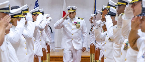 YOKOSUKA, Japan (July 23, 2026) — Capt. Torrin W. Velazquez departs through sideboys following the U.S. Navy Medicine Readiness and Training Command Yokosuka change of command ceremony at Commander, Fleet Activities Yokosuka's C2 Auditorium. Velazquez transferred command to Capt. Joshua A. Miller before departing for his next assignment as Force Surgeon, Marine Forces Pacific. USNMRTC Yokosuka delivers patient- and family-centered healthcare while developing and delivering trained, ready medical forces in support of U.S. Indo-Pacific Command. (U.S. Navy photo by Daniel Taylor/USNH Yokosuka Public Affairs)