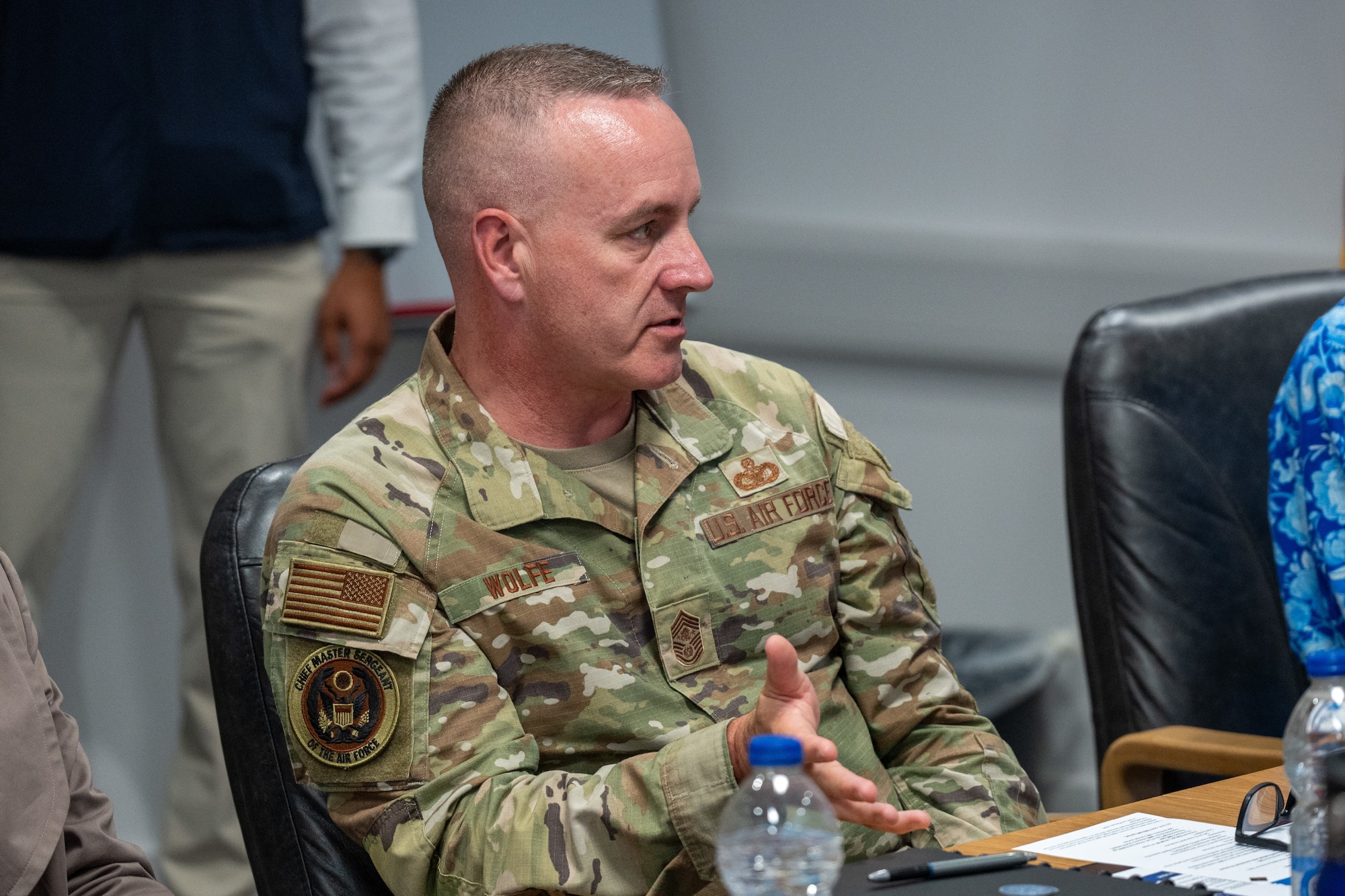 Chief Master Sergeant of the Air Force David R. Wolfe speaks during a mission brief