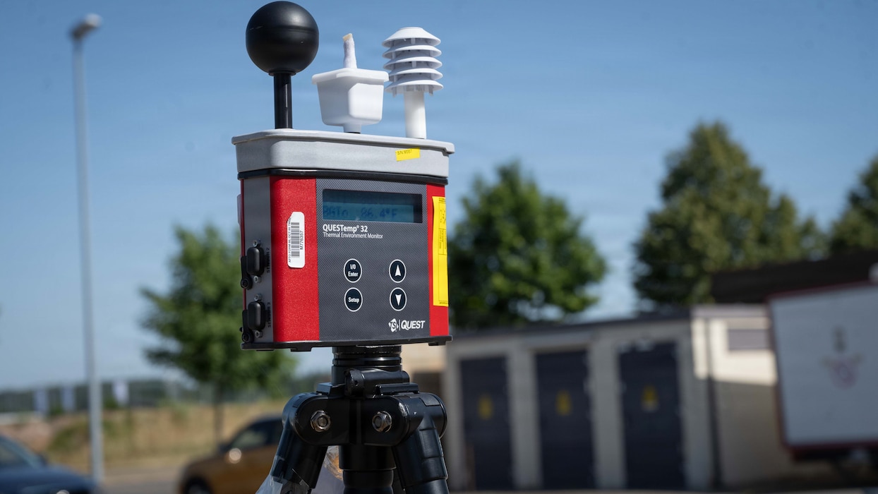 A QUESTemp 32 Area Heat Stress Monitor measures air temperature, humidity, wind speed and sun angle at Spangdahlem Air Base, Germany, June 25, 2026. The Department of the Air Force uses WBGT measurements to establish work-rest cycles and other protective measures during periods of elevated heat stress. (U.S. Air Force photo by Staff Sgt. Darius Frazier)