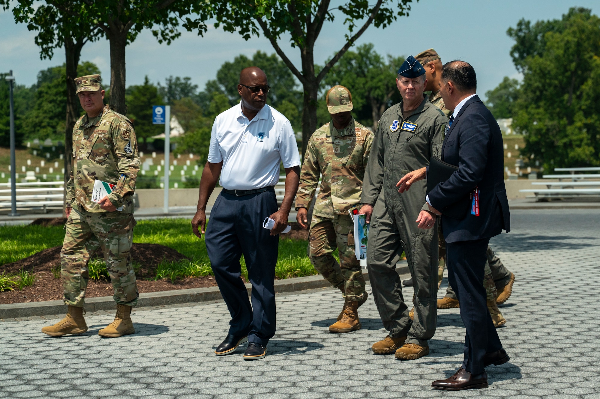 U.S. Air Force Maj. Gen. walks with JBAB leadership at the Air Force Memorial