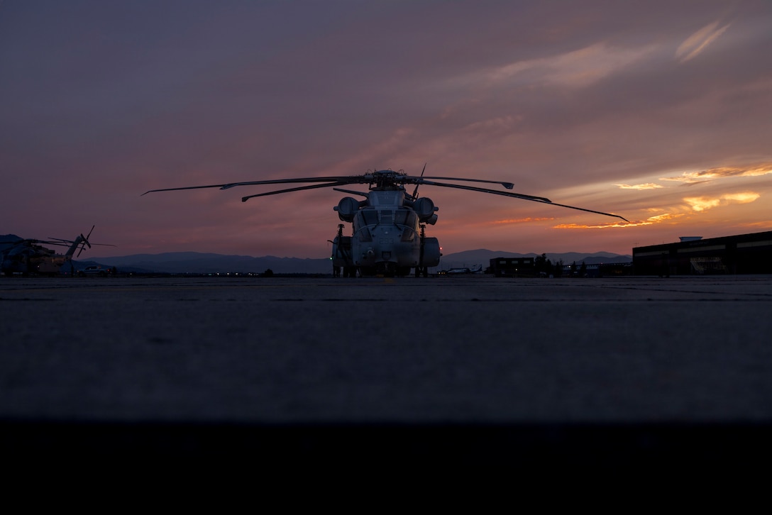 A U.S. Marine Corps CH-53K King Stallion with Marine Heavy Helicopter Squadron (HMH) 461, Marine Aircraft Group 29, 2nd Marine Aircraft Wing, is staged on the flightline at Helena Regional Airport during a Marine Corps Combat Readiness Evaluation in Helena, Montana, July 21, 2026. HMH-461 conducted a MCCRE to certify the squadron as the air combat element for future deployments. (U.S. Marine Corps photo by Lance Cpl. Perri Wood)