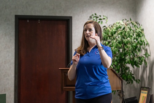 Jessica Laws, National Weather Service meteorologist conducts the SKYWARN class at Maxwell Air Force Base, Alabama, July 15, 2026.