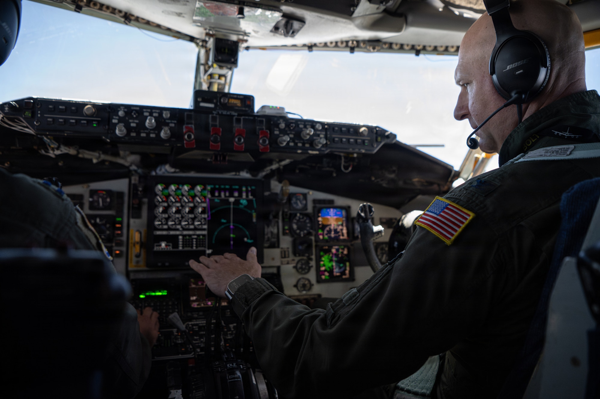 U.S. Air Force Col. Edward Szczepanik, commander of the 6th Air Refueling Wing, flies a KC-135 Stratotanker during his final flight over the southeastern region of the United States, June 30, 2026. The final flight, or “fini-flight,” is a tradition among pilots and aircrew to celebrate an Airman’s last flight with their unit or on a certain airframe. (U.S. Air Force photo by Airman 1st Class Helen Ly)