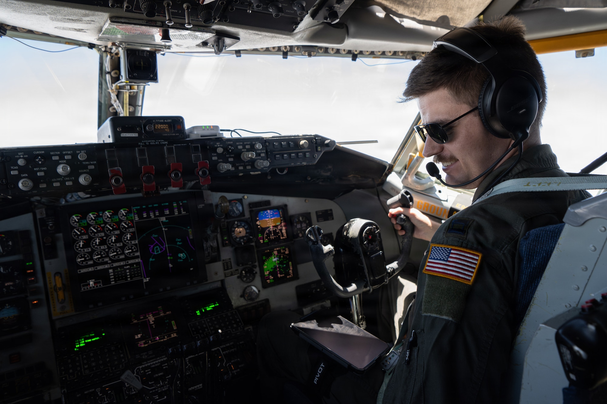 U.S. Air Force Capt. Timothy Thornton, a  pilot assigned to the 91st Air Refueling Squadron, flies a KC-135 Stratotanker over the southeastern region of the United States, June 30, 2026. Regular training prepares aircrews to provide rapid global reach in support of joint and coalition operations. (U.S. Air Force photo by Airman 1st Class Helen Ly)
