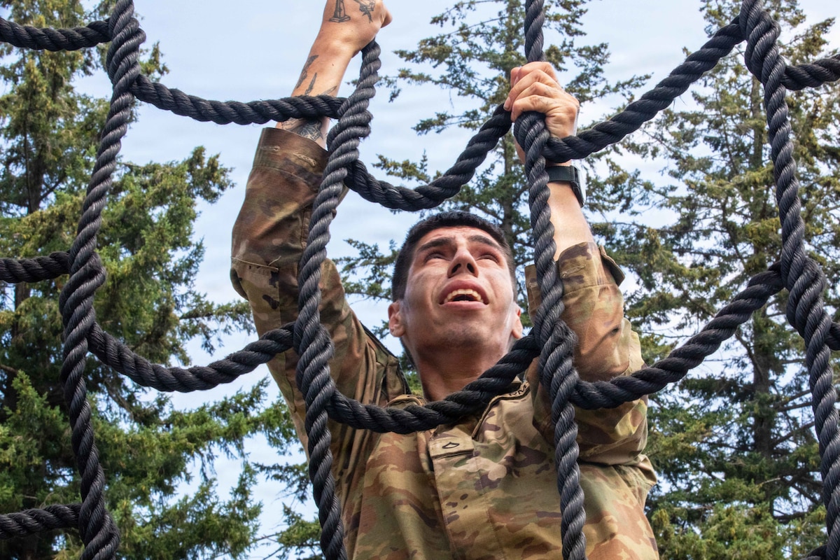 A close-up of a soldier climbing a rope wall with trees in the background under a blue sky.