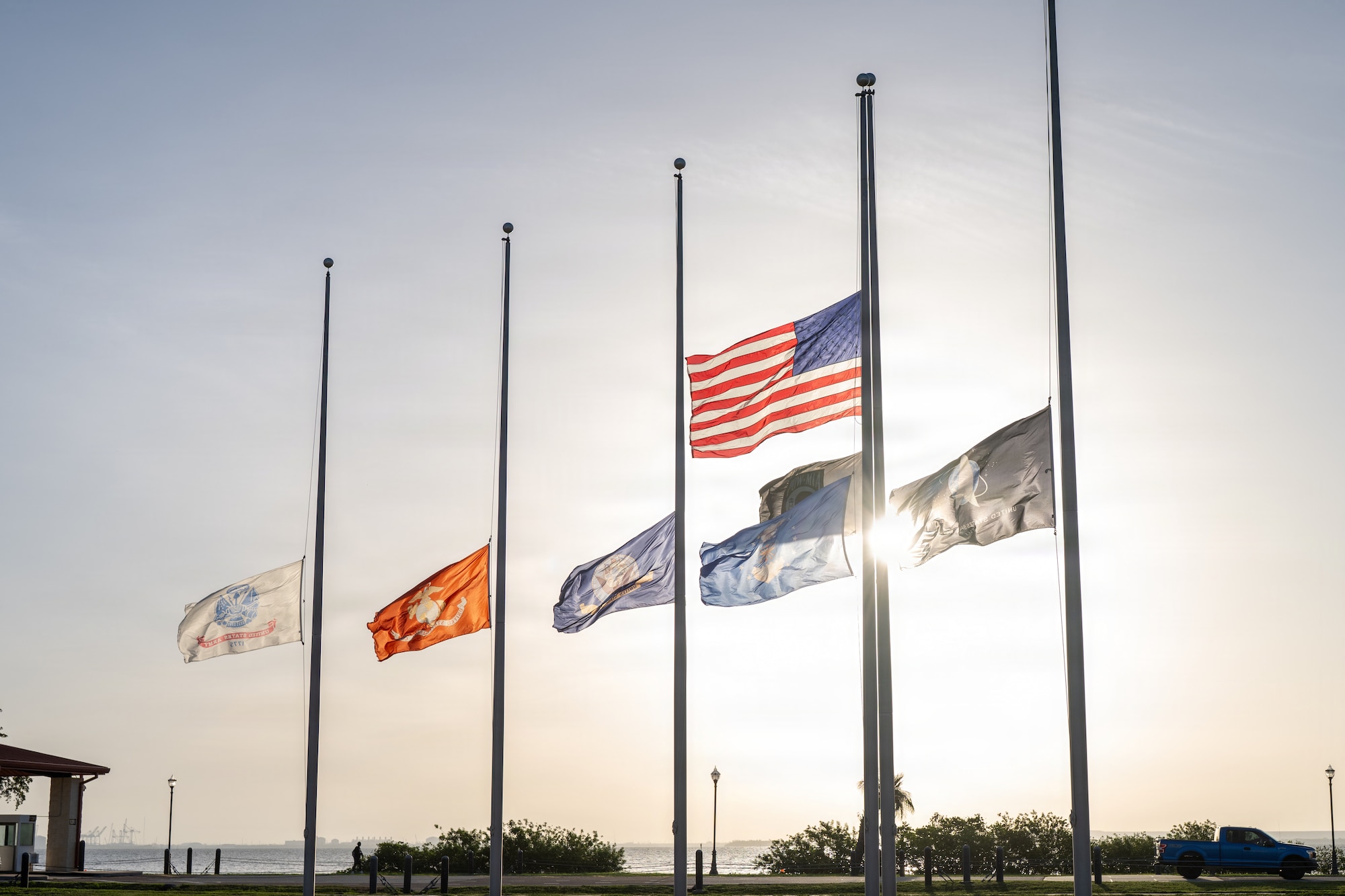 The Department of War flags are flown at half-staff at MacDill Air Force Base, Florida, July 22, 2026. Flags across the United States and DoW installations were flown at half-staff this week to honor the life and passing of Senator Linday Graham. Lindsey Olin Graham was an American politician, attorney and military officer who represented South Carolina in the United States Senate from 2003 until his death in 2026. (U.S. Air Force photo by Senior Airman Derrick Bole)