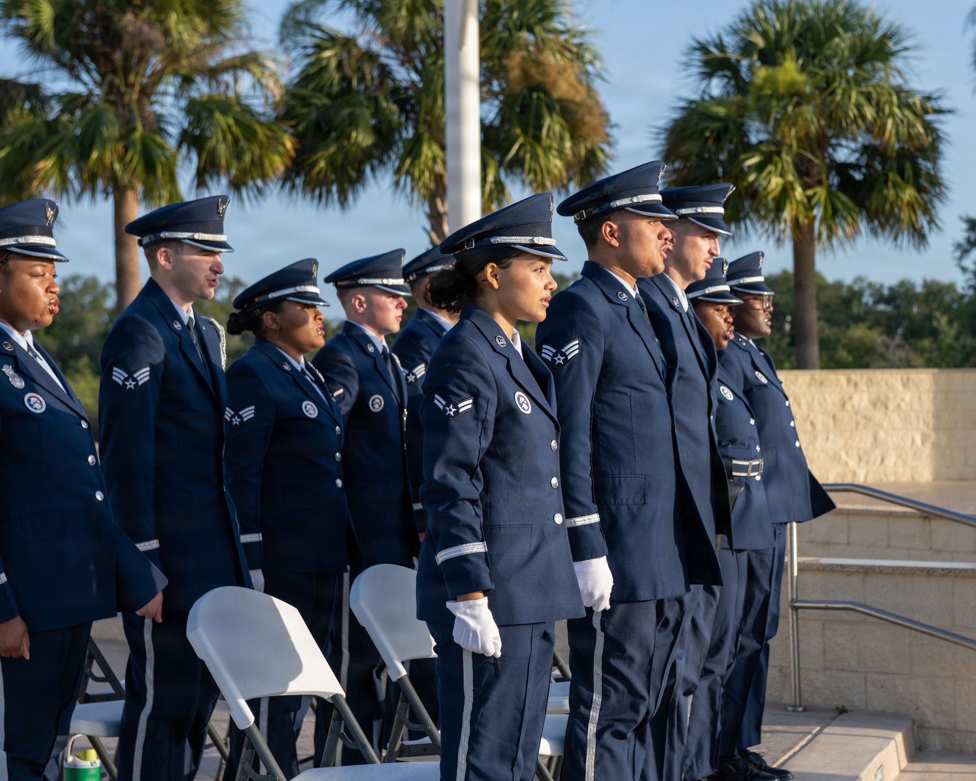 U.S. Air Force honor guardsmen assigned to the 6th Force Support Squadron recite the Honor Guard Charge prior to their induction ceremony at MacDill Air Force Base, Florida, July 22, 2026. The MacDill AFB Honor Guard supports more than 100 ceremonies each year, covering 19 counties and approximately 17,504 square miles within Florida, starting at Lake George in the north and running south to Key West. (U.S. Air Force photo by Senior Airman Derrick Bole)