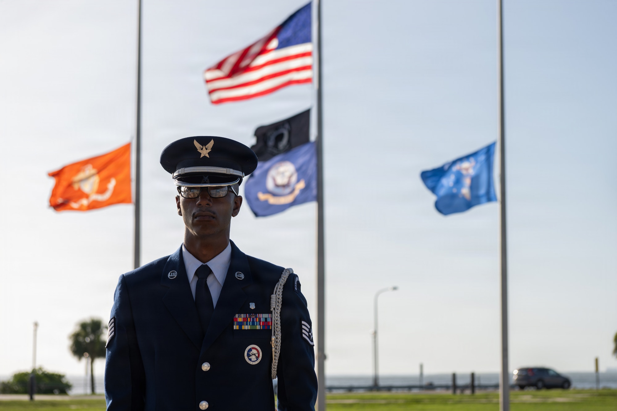 U.S. Air Force Staff Sgt. Mark Slone, 6th Force Support Squadron base honor guard noncommissioned officer in charge, stands at attention during a base honor guard induction ceremony at MacDill Air Force Base, Florida, July 22, 2026. The MacDill AFB Honor Guard supports more than 100 ceremonies each year, covering 19 counties and approximately 17,504 square miles within Florida, starting at Lake George in the north and running south to Key West. (U.S. Air Force photo by Senior Airman Derrick Bole)