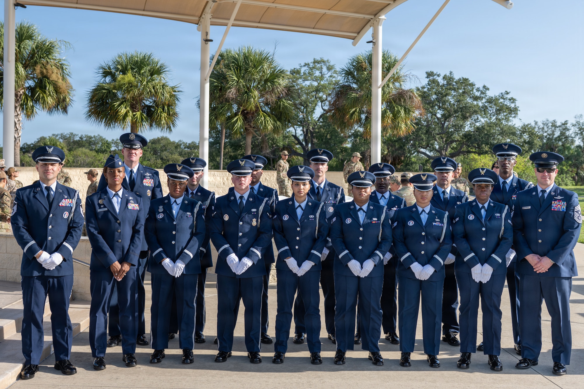 U.S. Air Force ceremonial guardsmen pose for a photo with 6th Air Refueling Wing leadership following a base honor guard induction ceremony at MacDill Air Force Base, Florida, July 22, 2026. The MacDill AFB Honor Guard supports more than 100 ceremonies each year, covering 19 counties and approximately 17,504 square miles within Florida, starting at Lake George in the north and running south to Key West. (U.S. Air Force photo by Senior Airman Derrick Bole)