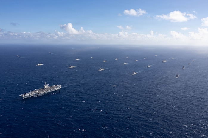 The Nimitz-class aircraft carrier USS Theodore Roosevelt (CVN 71) leads a group sail July 22, 2026, in the Pacific Ocean off the coast of Hawaii during Exercise Rim of the Pacific 2026.