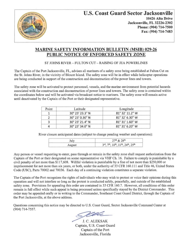 Coast Guard establishes temporary safety zone on St. Johns River to safely facilitate raising of transmission lines at Fulton Cut
