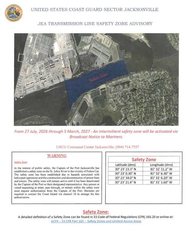 Coast Guard establishes temporary safety zone on St. Johns River to safely facilitate raising of transmission lines at Fulton Cut