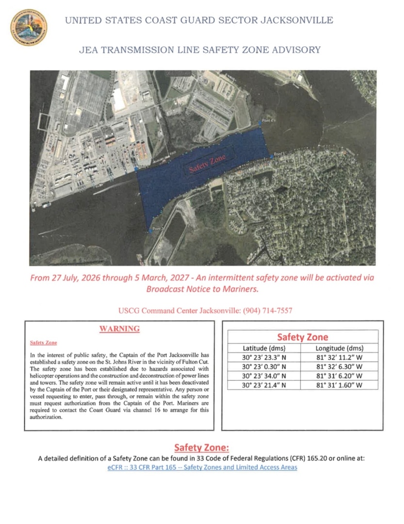 Coast Guard establishes temporary safety zone on St. Johns River to safely facilitate raising of transmission lines at Fulton Cut