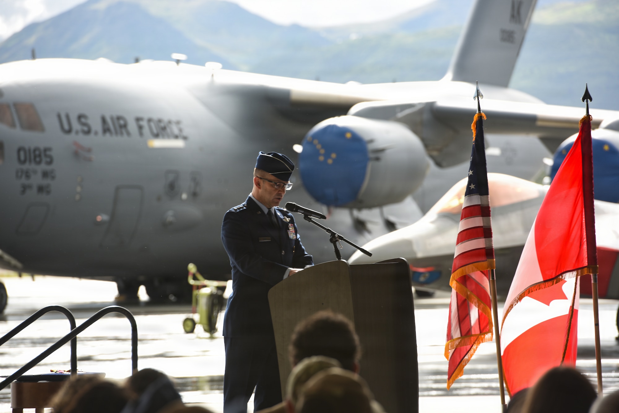 Arctic warriors, civic leaders from surrounding communities, family and friends were present for the ceremony to bid farewell to Col. Charles Schuck and to welcome Col. David Deptula and his family to Alaska.