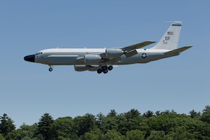 A U.S. Air Force TC-135 assigned to the 55th Wing flies during Exercise Ravitaillement en Vol. The aircraft supported a multinational integration event with the Royal Air Force and French Air and Space Force to demonstrate how NATO partners can operate as an increasingly connected force. The exercise helped establish a repeatable model for future RC-135 air-to-air refueling operations with allied A330 MRTT tanker platforms. (Courtest photo)