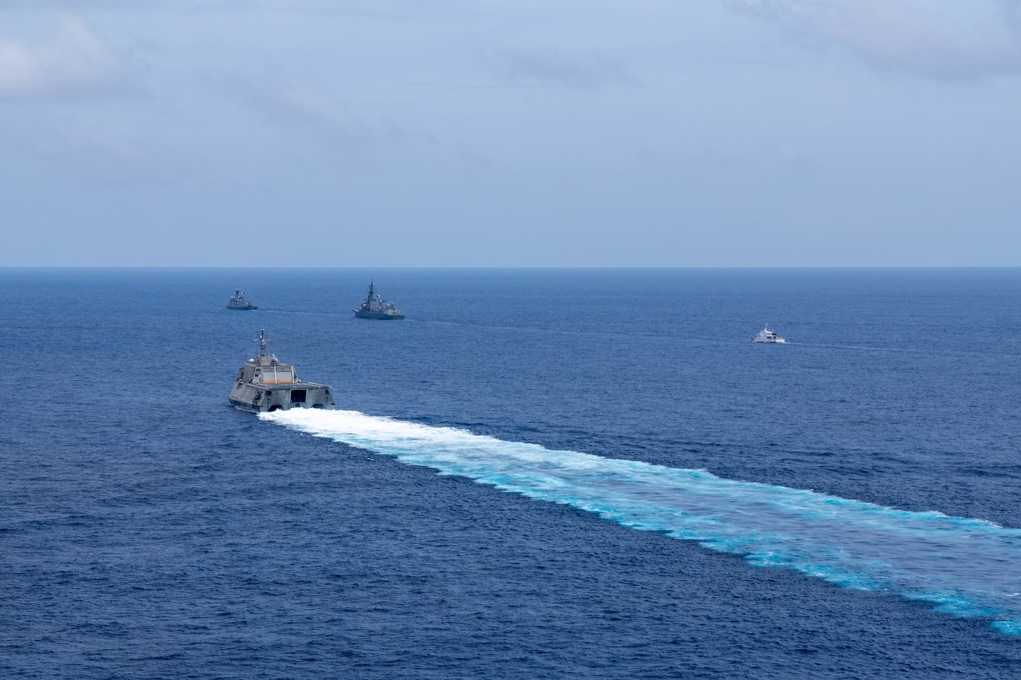 Independence-variant littoral combat ship USS Santa Barbara (LCS 32), second from left, sails in formation with Philippine Coast Guard Parola-class patrol vessel BRP Malabrigo (MRRV 4402), right, Japan Maritime Self-Defense Forces Murasame-class destroyer JS Yudachi (DD 103), second from right, and Jose Rizal-class guided-missile frigate BRP Antonio Luna (FFG 15), left, during the Multilateral Maritime Cooperative Activity (MCA) in the Philippines’ Exclusive Economic Zone, July 24, 2026. The U.S Navy routinely operates with the Armed Forces of the Philippines and partners and allies through MCAs to continually develop, exercise and enhance multi-domain tactical interoperability to uphold peace and security in the region. USS Santa Barbara is on a rotational deployment to the 7th Fleet area of operations in support of a free and open Indo-Pacific. (U.S. Navy photo by Mass Communication Specialist 2nd Class Caylen McCutcheon)