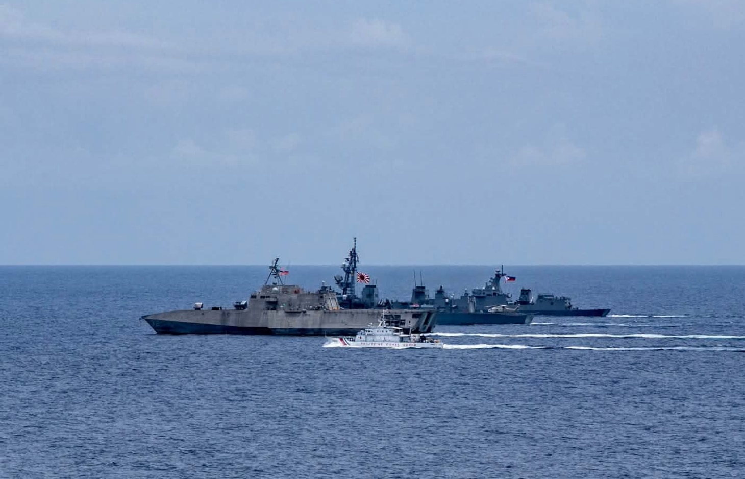 Independence-variant littoral combat ship USS Santa Barbara (LCS 32), second from front, sails in formation with Philippine Coast Guard Parola-class patrol vessel BRP Malabrigo (MRRV 4402), front, Japan Maritime Self-Defense Forces Murasame-class destroyer JS Yudachi (DD 103), third from front, and Jose Rizal-class guided-missile frigate BRP Antonio Luna (FFG 15), back, during the Multilateral Maritime Cooperative Activity (MCA) in the Philippines’ Exclusive Economic Zone, July 24, 2026. The U.S Navy routinely operates with the Armed Forces of the Philippines and partners and allies through MCAs to continually develop, exercise and enhance multi-domain tactical interoperability to uphold peace and security in the region. USS Santa Barbara is on a rotational deployment to the 7th Fleet area of operations in support of a free and open Indo-Pacific. (U.S. Navy photo by Mass Communication Specialist 2nd Class Caylen McCutcheon)