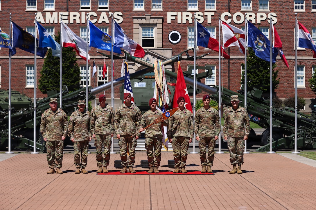 The squad representing the 11th Airborne Division stands in front of I Corps headquarters after winning the U.S. Army Pacific Best Squad Competition, July 24, 2026, at Joint Base Lewis-McChord, Wash. (U.S. Army photo by Staff Sgt. Kylee Marshall)