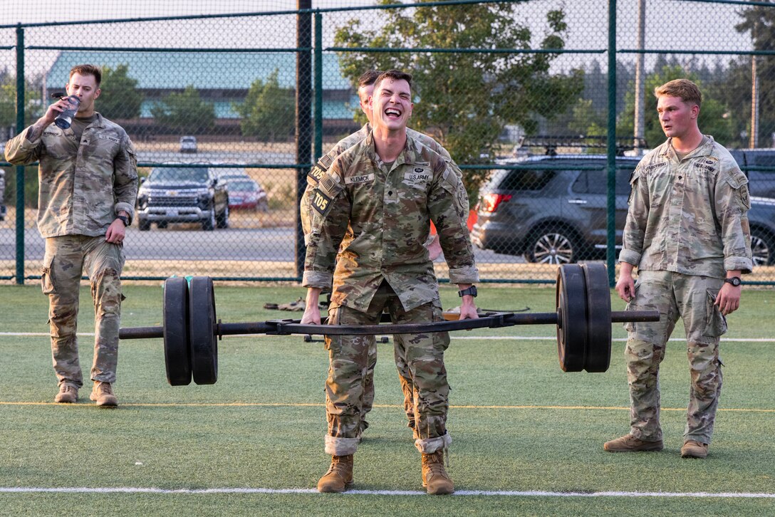 U.S. Army Spc. Macguire Klemick, assigned to the 11th Airborne Division, deadlifts during the U.S. Army Pacific Best Squad Competition, July 21, 2026, at Joint Base Lewis-McChord, Wash.