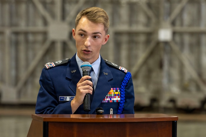 U.S. Civil Air Patrol Cadet Col. Cayne Redmond delivers a speech during his General Carl A. Spaatz Award ceremony at Misawa Air Base, Japan, May 27, 2026.