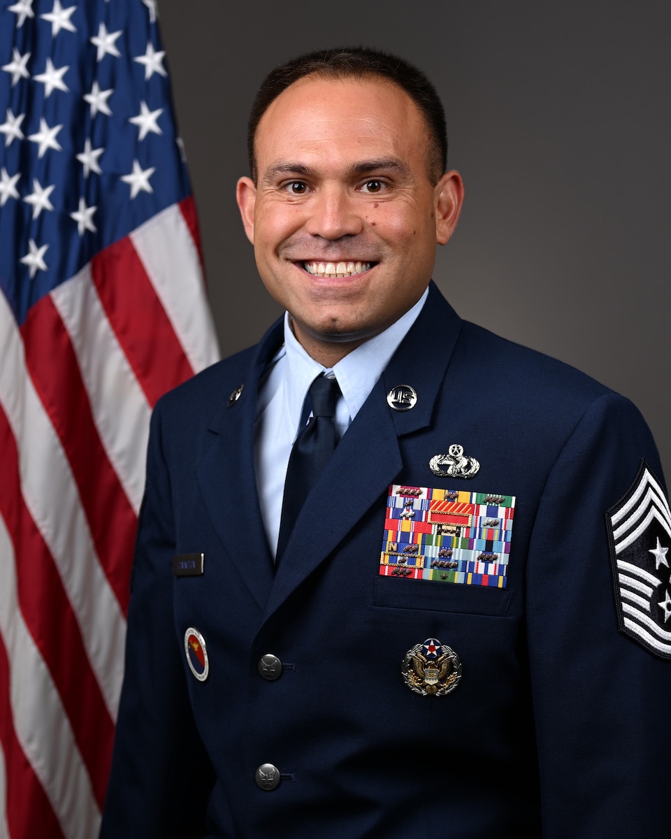 Chief Master Sgt. Mark Covington, 22nd Air Refueling Wing command chief, poses for his official photo at McConnell Air Force Base, Kansas, July 22, 2026. Covington got a new official photo to go along with his updated official biography. (U.S. Air Force photo by Airman 1st Class Patrick O'Neill)