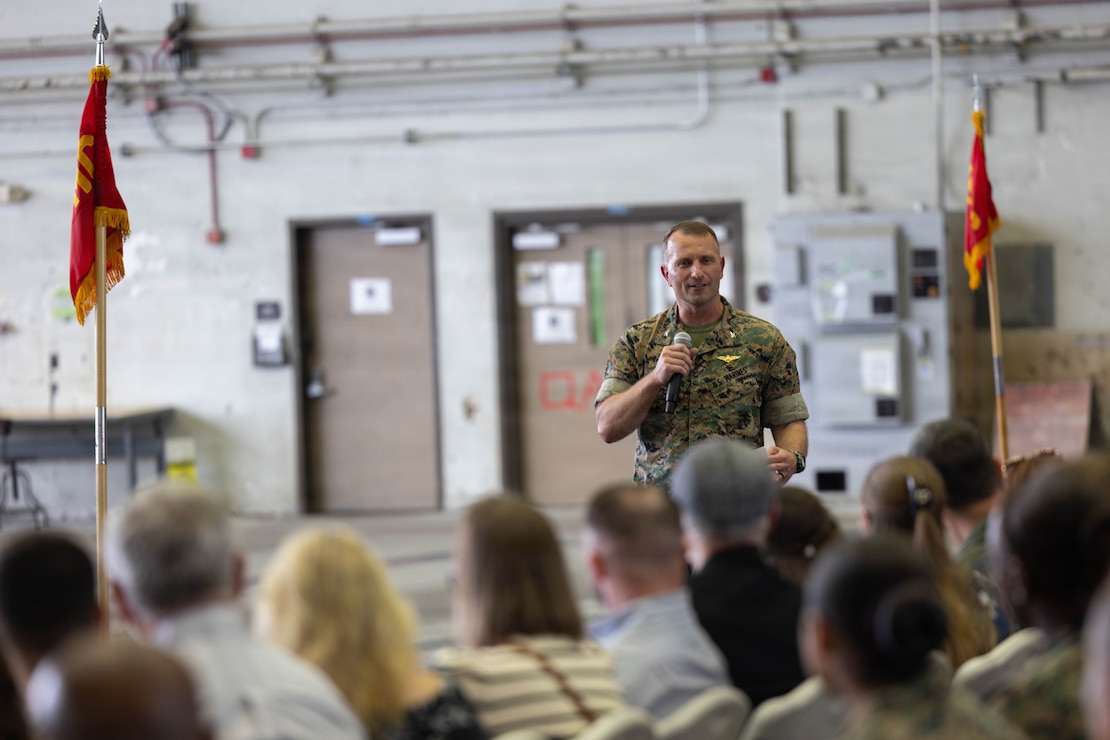 U.S. Marine Corps Col. Arthur Bruggeman, from Florida, the commanding officer of Marine Aircraft Group 14, 2nd Marine Aircraft Wing, addresses the audience during a change of command ceremony at Marine Corps Air Station Cherry Point, North Carolina, July 23, 2026. The ceremony signified the transfer of authority, accountability and leadership from Col. Benjamin Grant, from Ohio, outgoing commanding officer of MAG-14, to Bruggeman. (U.S. Marine Corps photo by Cpl. Mya Seymour)