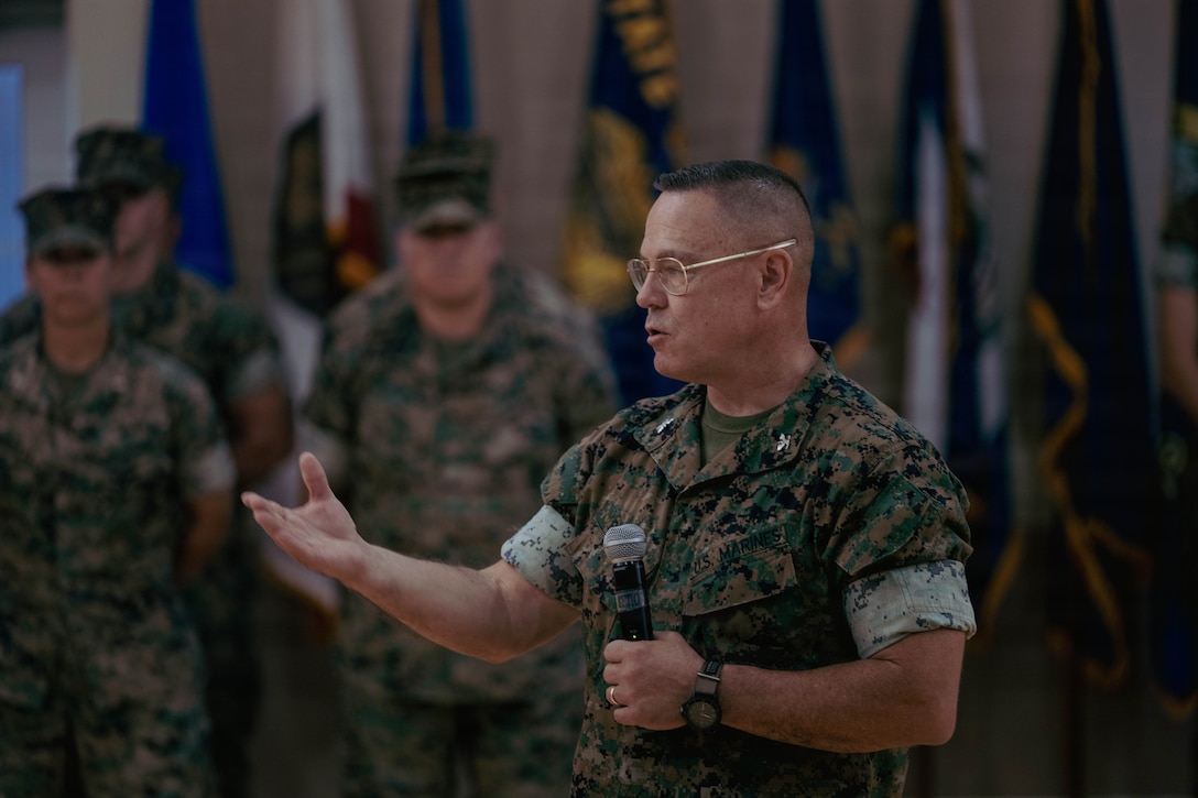 U.S. Marine Corps Col. Neil Berry, the off-going commanding officer of 6th Marine Regiment, 2nd Marine Division, speaks during a change of command ceremony on Marine Corps Base Camp Lejeune, North Carolina, July 23, 2026. The change of command ceremony is a tradition that marked the transfer of responsibility, authority and accountability of 6th Marines from Col. Berry to Col. Bobby Lee. (U.S. Marine Corps photo by Lance Cpl. Hunter J. Kuester)