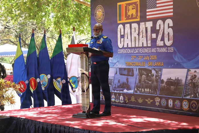 Sri Lanka Navy Rear Adm. Buddhika Liyanagamage, Eastern Naval Area Commander, gives opening remarks at the Cooperation Afloat Readiness and Training (CARAT) Sri Lanka 2026 opening ceremony in Trincomalee, Sri Lanka, July 27, 2026.