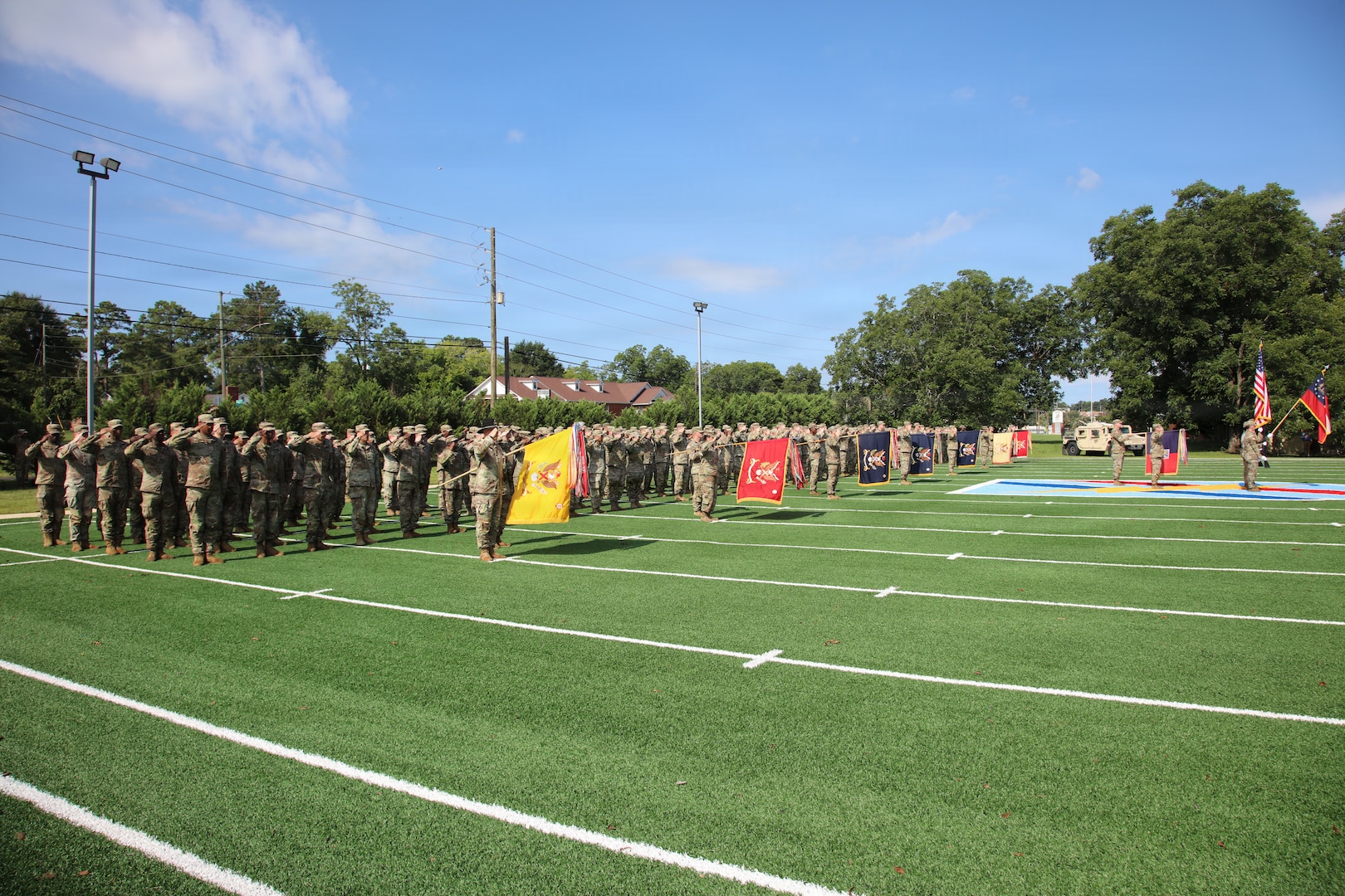 Soldiers of the 48th Infantry Brigade Combat Team stand in formation during the brigade’s change of command ceremony at brigade headquarters in Macon, Ga. July 19, 2026.