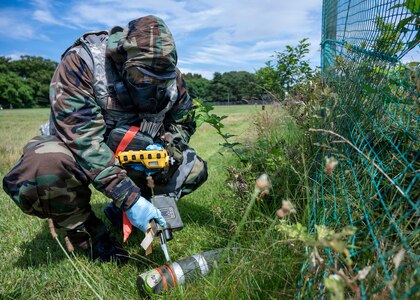 U.S. Air Force Master Sgt. Daniel Saldivar, the alternate emergency manager and noncommissioned officer in charge of the Emergency Management Flight assigned to the 151st Wing, Utah Air National Guard, uses a Joint Chemical Agent Detector to assess a potential hazard during Exercise Serow Samurai at Misawa Air Base, Japan, July 20, 2026.