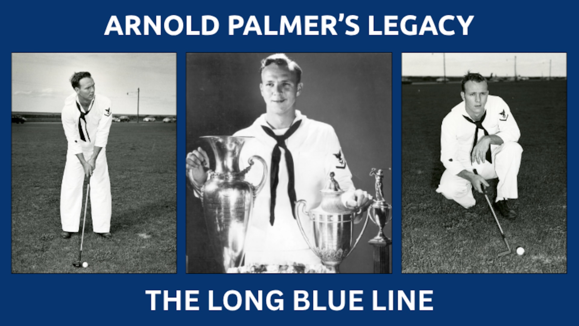 A title card for Arnold Palmer MYCG Article featuring three images of Arnold Palmer.