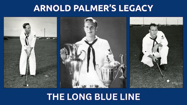 A title card for Arnold Palmer MYCG Article featuring three images of Arnold Palmer.