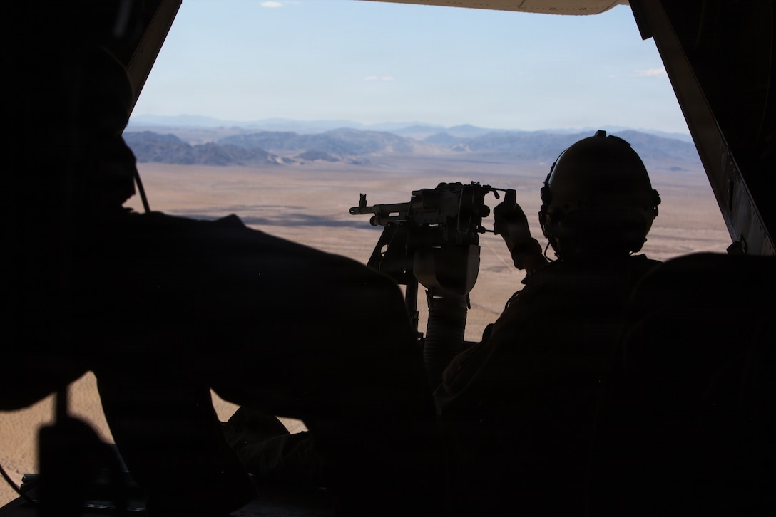 A U.S. Marine assigned to Marine Medium Tiltrotor Squadron (VMM) 764, Marine Aircraft Group 41, 4th Marine Aircraft Wing, sits in a MV-22B Osprey during Integrated Training Exercise 3-26, Marine Corps Air-Ground Combat Center Twentynine Palms, California, June 12, 2026. ITX is designed to generate combat readiness and ensure the Reserve Component provides critical strategic depth to the Total Force. From complex combined arms maneuvers to all-domain integration, these Marines are proving that they are ready to augment, reinforce, and fight alongside the active component at a moment's notice. (U.S. Marine Corps photo by Cpl. Donnell Brown)