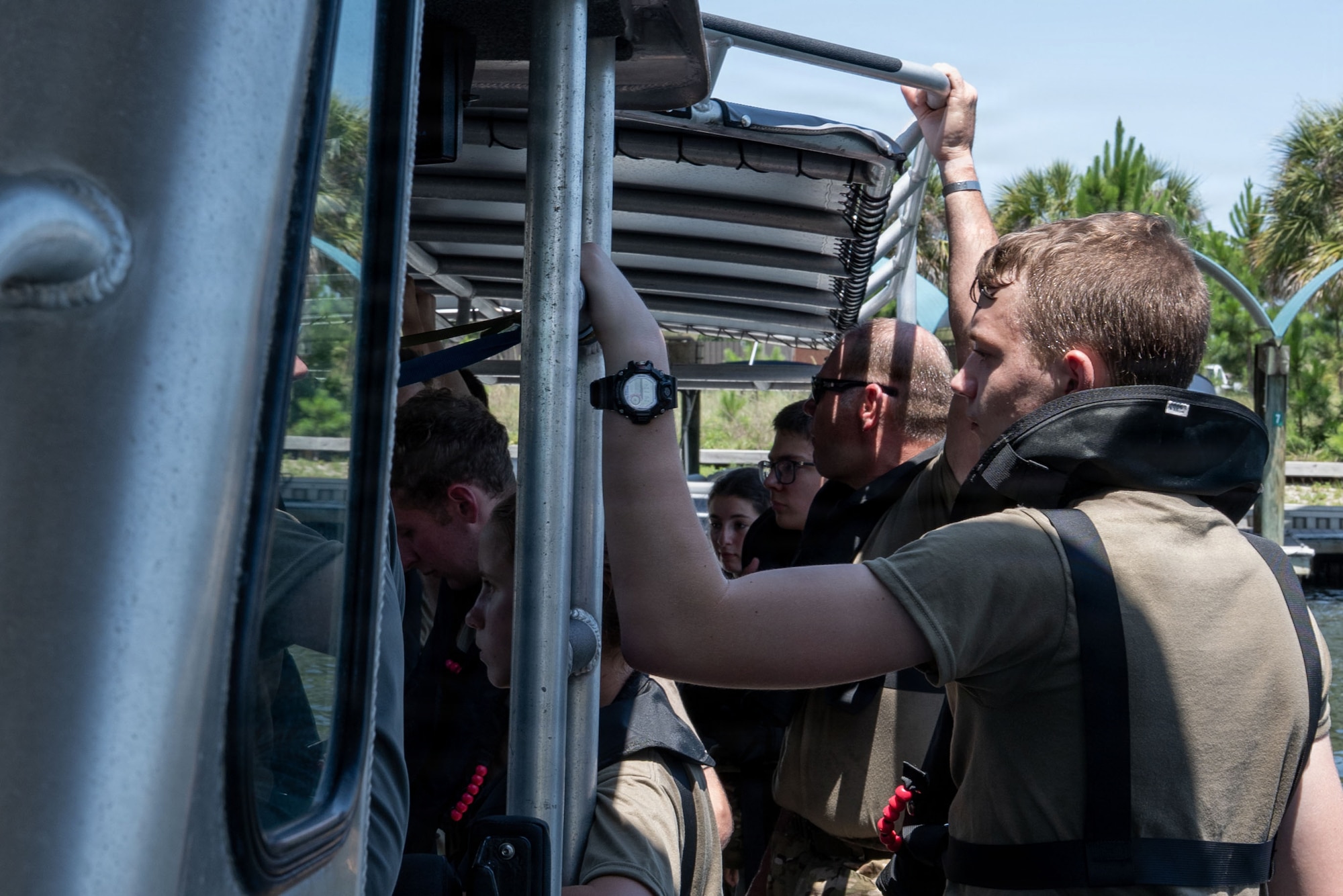 Junior ROTC cadets go on a boat excursion with Survival, Evasion, Resistance and Escape specialists assigned to the 1st Special Operations Wing during Summer Leadership School at Hurlburt Field, Florida, June 24, 2026.
