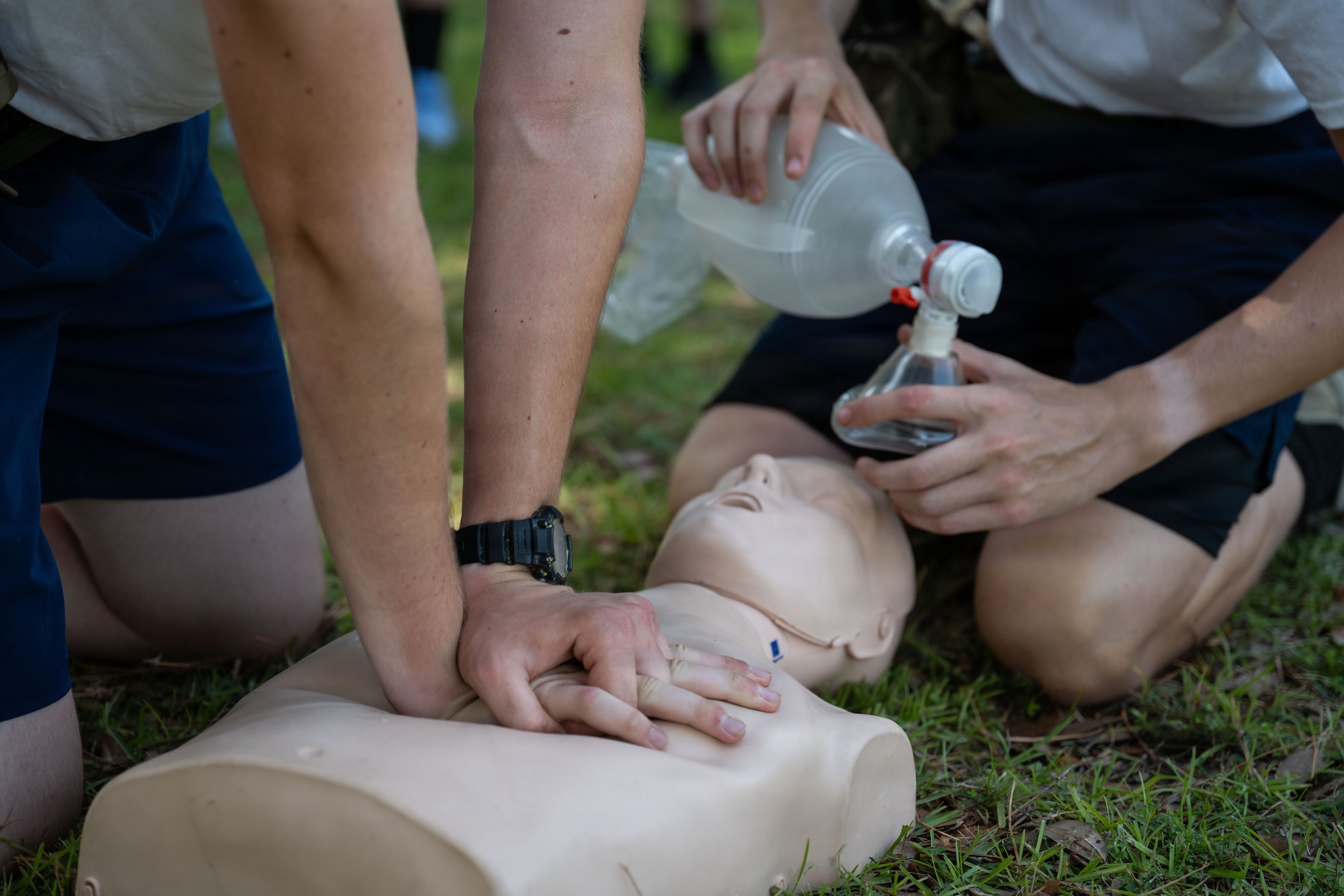 Junior ROTC cadets participate in Tactical Combat Casualty Care training during Summer Leadership School at Hurlburt Field, Florida, June 25, 2026.