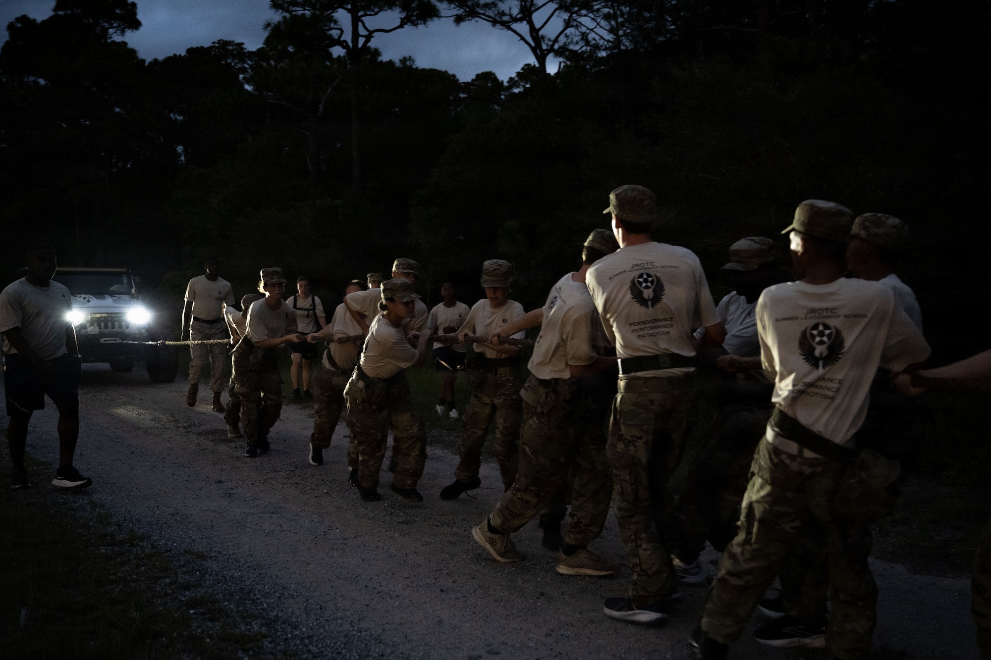 Junior ROTC cadets pull a vehicle for a Monster Mash team fitness event during Summer Leadership School at Hurlburt Field, Florida, Jun 26, 2026.