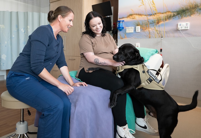 A certified nurse midwife, and expectant mother share a moment with a service dog,