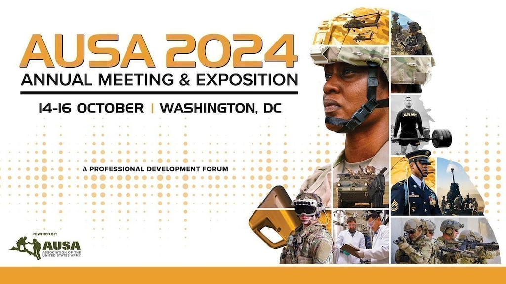 An AUSA 2024 event poster showing a soldier's profile composed of a photo mosaic of various U.S. Army training and mission scenes.