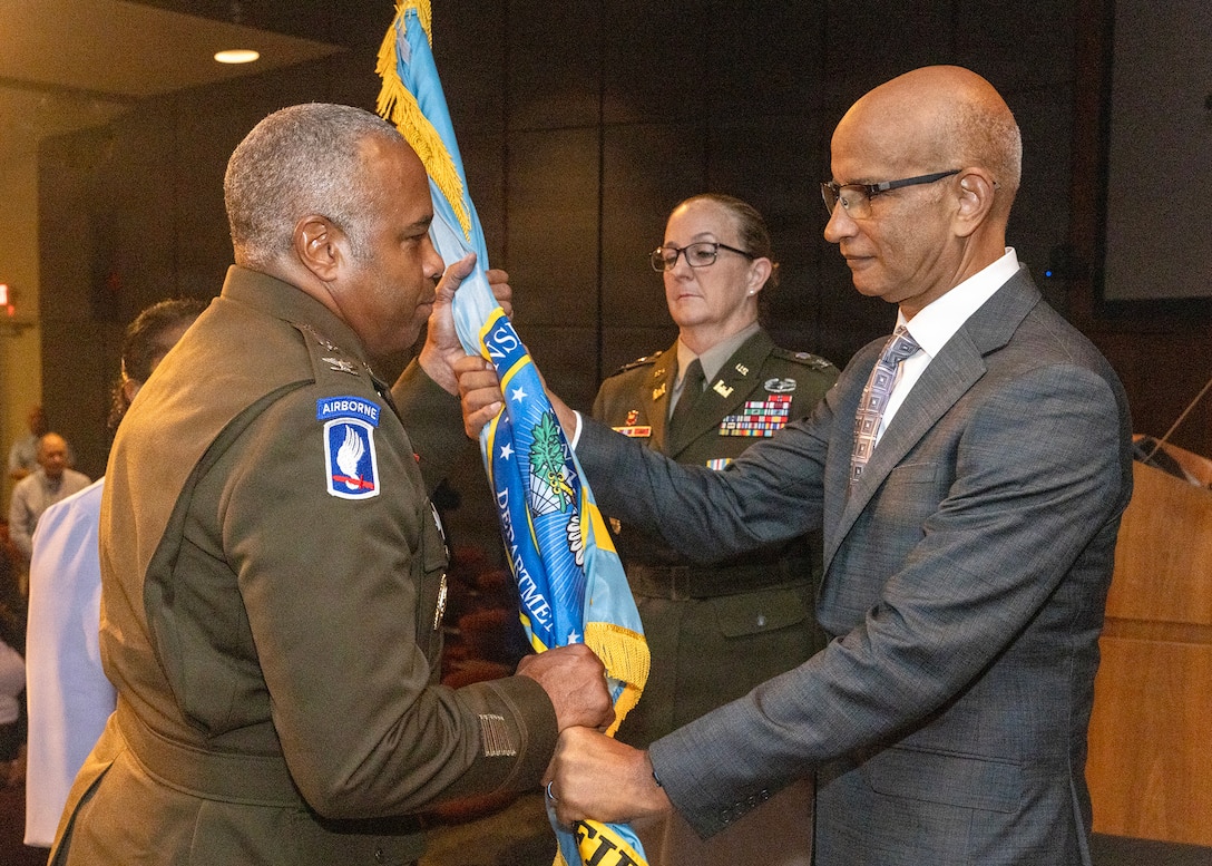 PICATINNY ARSENAL, N.J. — Col. Ernesto Perez assumed command of the Defense Contract Management Agency (DCMA) Springfield during a formal change of command ceremony held July 2 at Picatinny Arsenal's Lindner Conference Center. Perez succeeds Col. Deanne Ojeda, with the ceremony officiated by Systems Command Executive Director Jorge Bennett.

U.S. Army photo by Todd Mozes