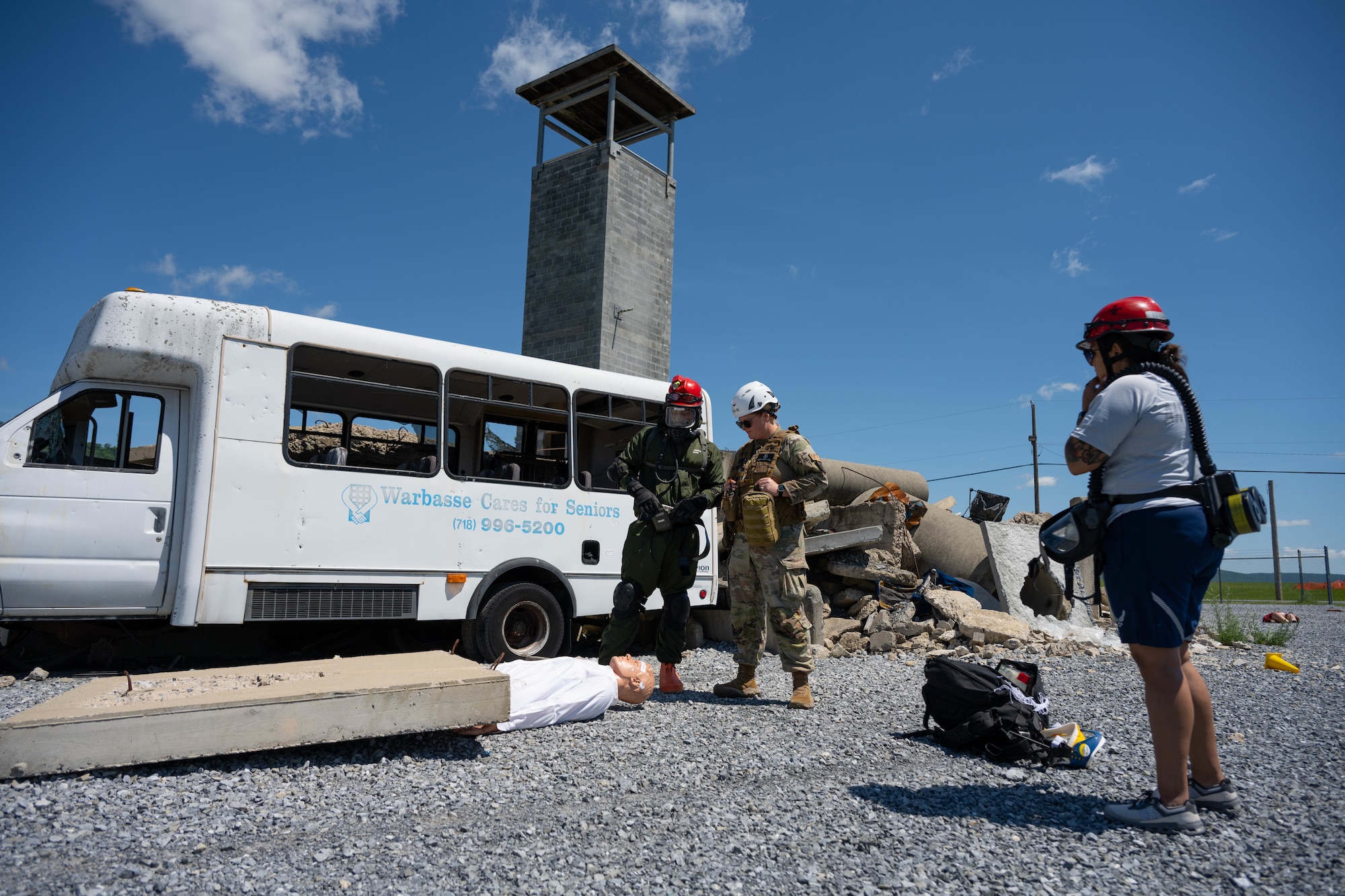 105th Medics train in rubble city.