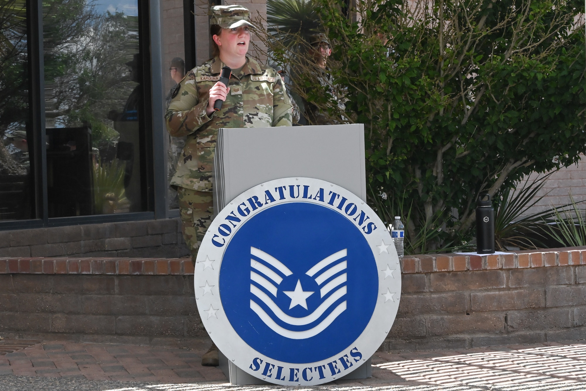 U.S. Air Force Tech. Sgt. Lucy Karouna, the non-commissioned officer in charge of career development for the 377th Force Support Squadron, emcees during the technical sergeant release party at Kirtland Air Force Base.