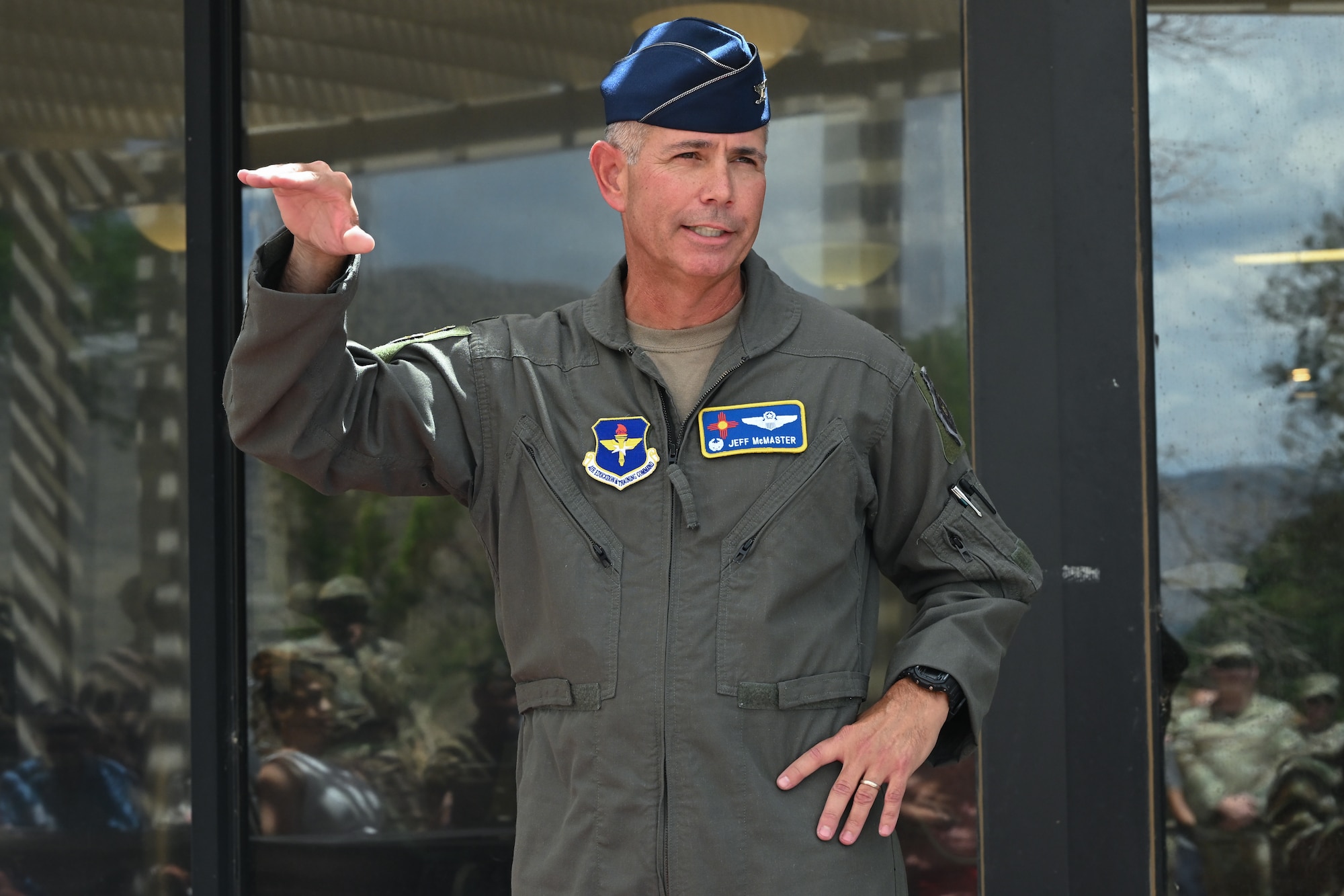 U.S. Air Force Col. Jeff McMaster, 58th Special Operations Wing commander, gives closing remarks during the technical sergeant release party at Kirtland Air Force Base.