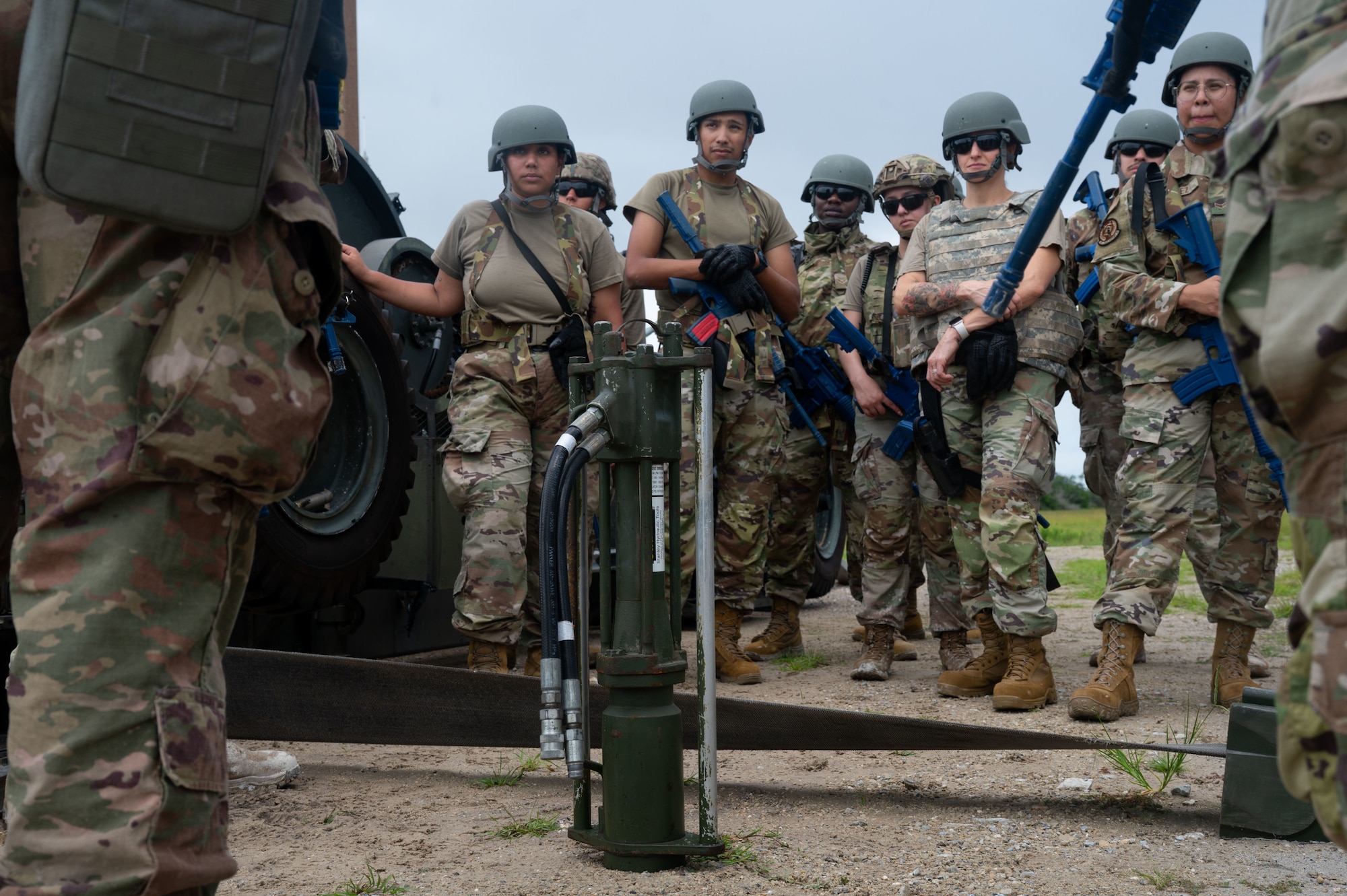 U.S. Air Force Airmen assigned to the 355th Combat Air Base Squadron learn about the Mobile Aircraft Arresting System during Exercise Coyote Storm 26.1 at Tyndall Air Force Base, Florida, July 20, 2026. The exercise provided Airmen hands-on experience responding to high-intensity scenarios in deployed environments. (U.S. Air Force photo by Airman 1st Class Jaden Kidd)